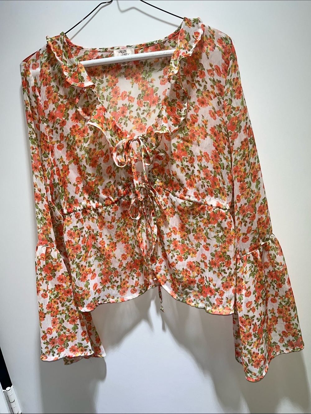 Dizzy Lizzy Size Med.Orange Floral Tie-Front Sheer Blouse Bell Sleeves